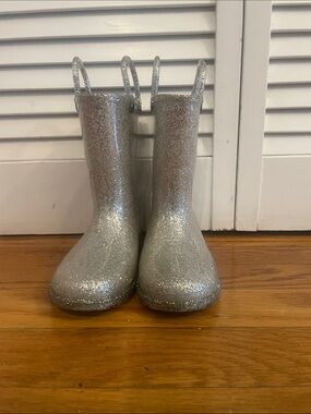 Western Chief Kids Silver Glitter Rain Boots with Pull Handles